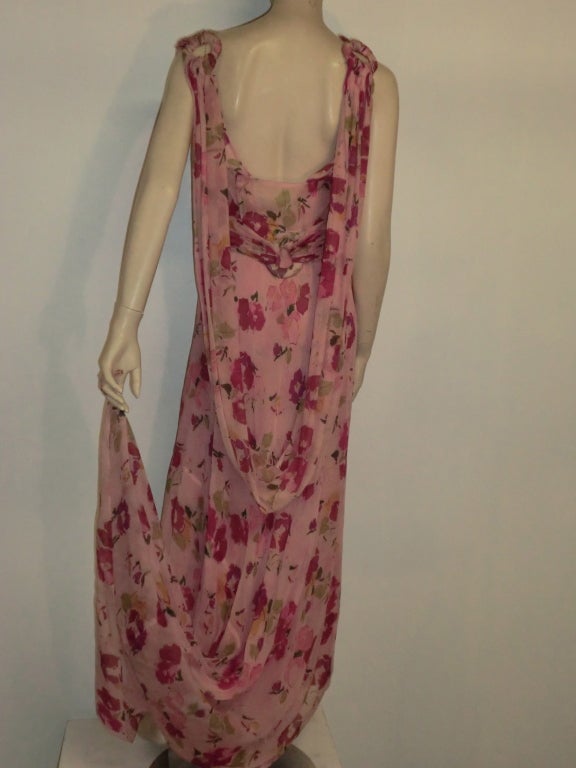 30s Henri Bendel Couture Silk Chiffon Draped Floral Print Gown 3