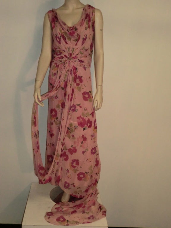 30s Henri Bendel Couture Silk Chiffon Draped Floral Print Gown 4