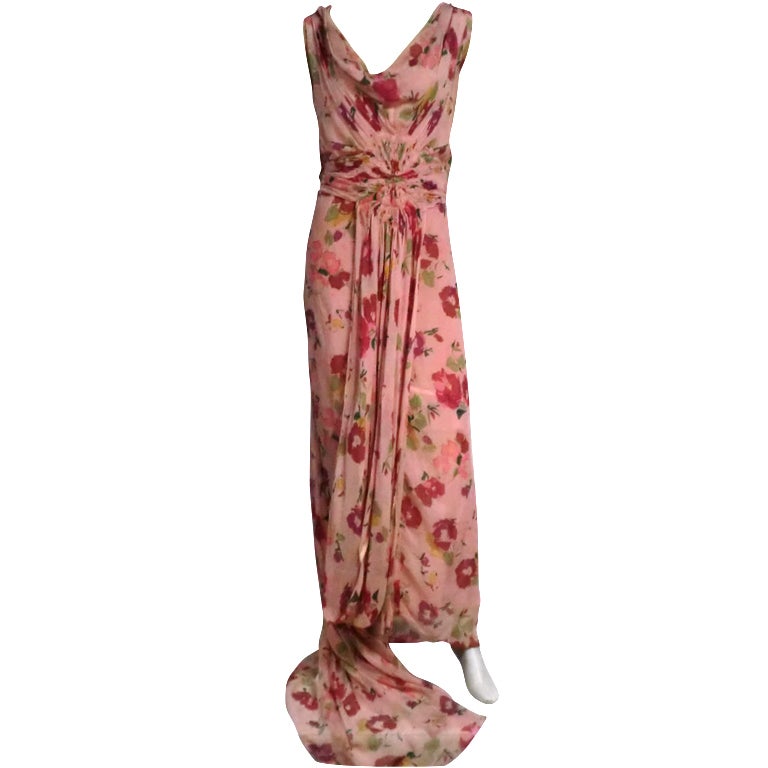 30s Henri Bendel Couture Silk Chiffon Draped Floral Print Gown For Sale ...