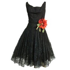 Retro 50s Arnold Scaasi Silk Lace Party Dress w/ Full Skirt