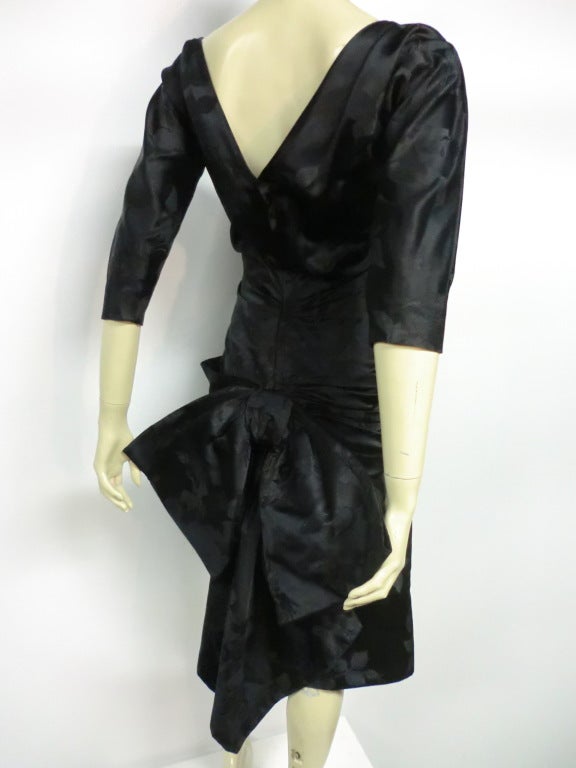 Black 50s Silk Jacquard Cocktail Dress w/ Swallowtail Bow - For Sale