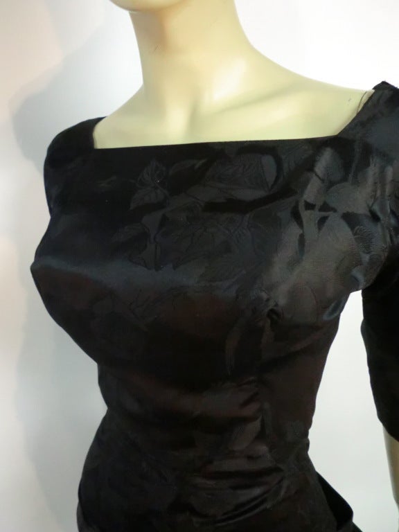 50s Silk Jacquard Cocktail Dress w/ Swallowtail Bow - For Sale 2