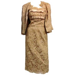 Vintage 50s Don Loper Dress Suit of Cappuccino Silk Floral Lace