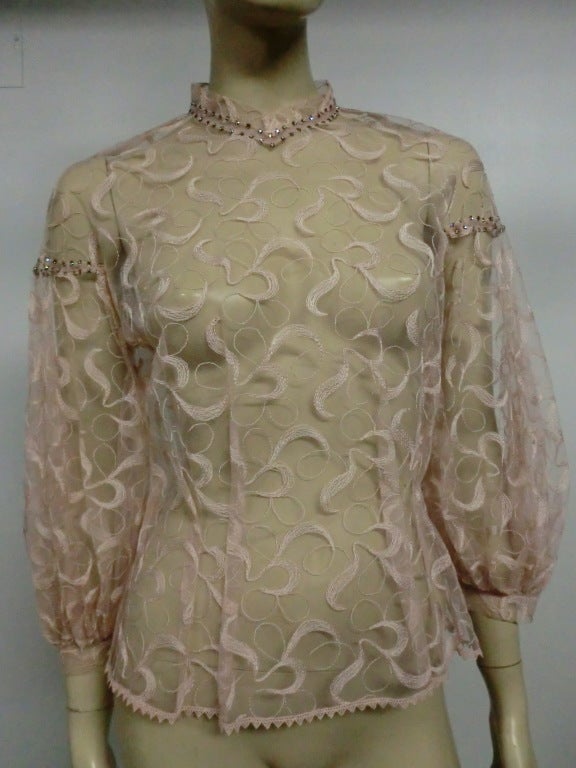 50s Embroidered Pink Tulle Blouse w/ Balloon Sleeve and Stones
