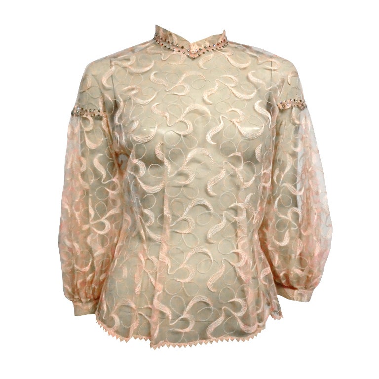 50s Embroidered Pink Tulle Blouse w/ Balloon Sleeve and Stones