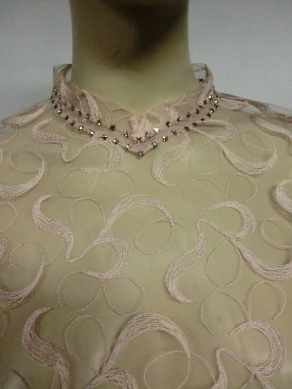 50s Embroidered Pink Tulle Blouse w/ Balloon Sleeve and Stones 1