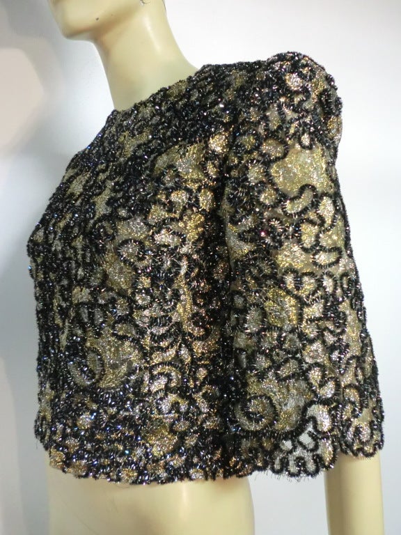 Women's 60s Metallic Chenille Embroidered Lace Evening Blouse