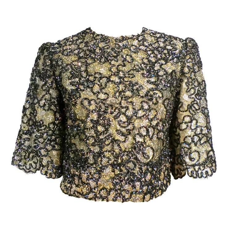 60s Metallic Chenille Embroidered Lace Evening Blouse