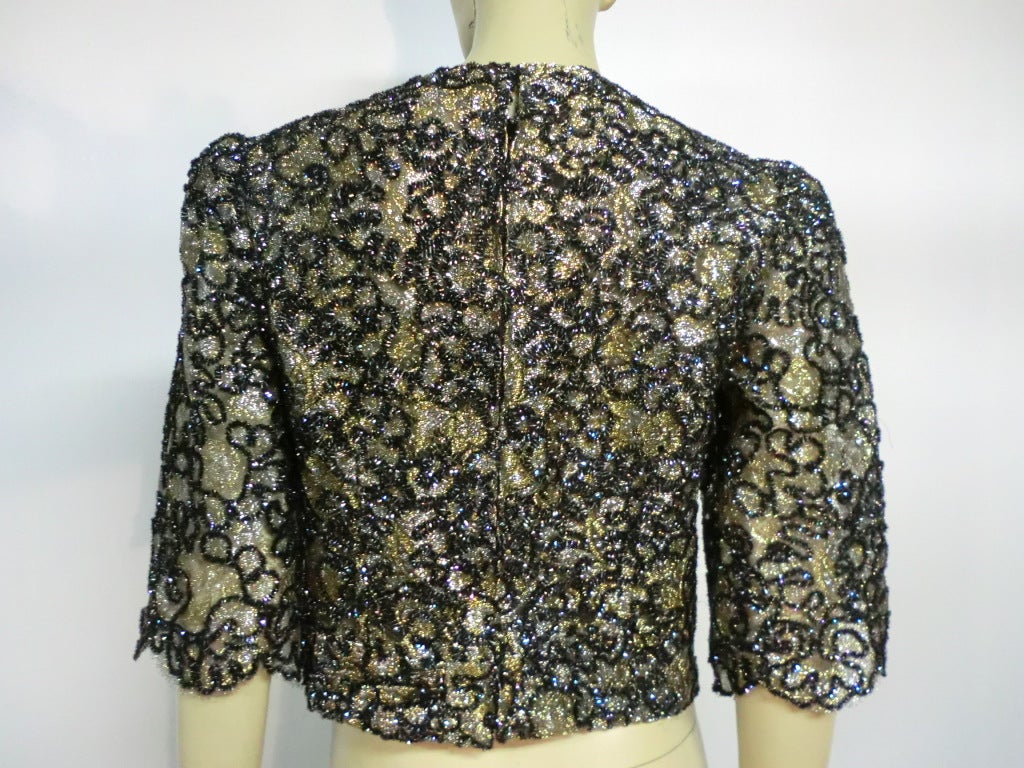 Black 60s Metallic Chenille Embroidered Lace Evening Blouse