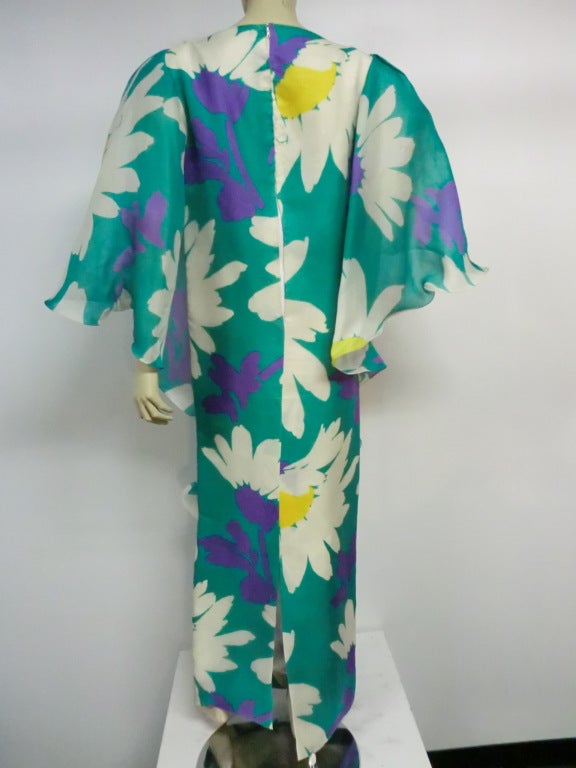 Women's 70s Silk Organza Gown w/ Magnificent Print and Flutter