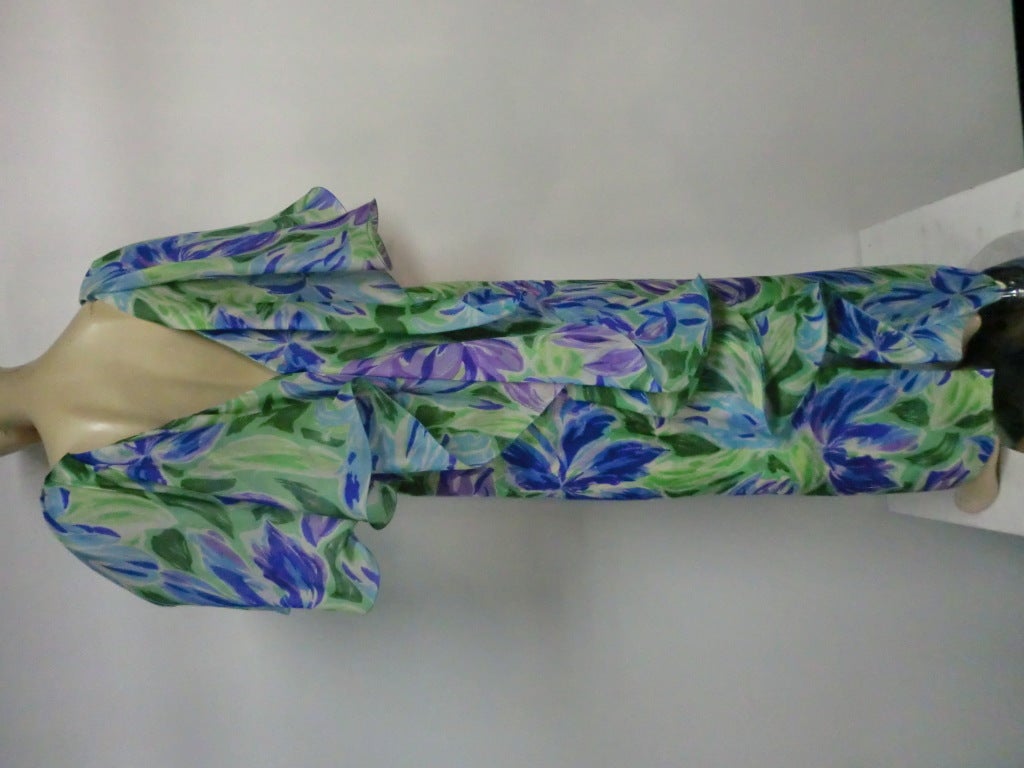Gray 70s Silk Organza Gown w/ Flutter Capelet