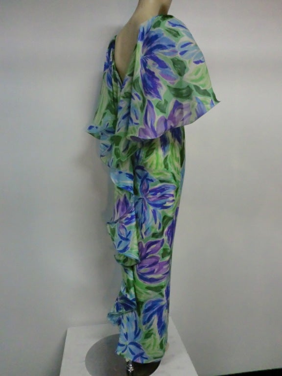 Women's 70s Silk Organza Gown w/ Flutter Capelet