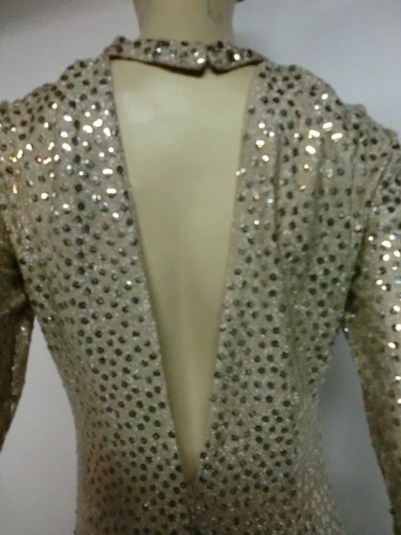 Mollie Parnis 70s Lurex Knit Sequin Gown w/ Deep 