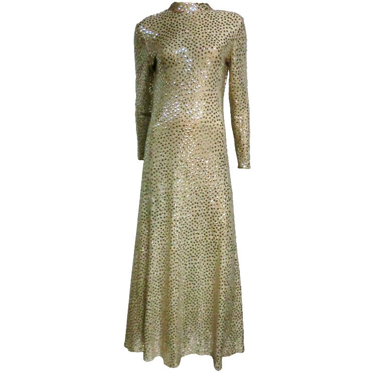 Mollie Parnis 70s Lurex Knit Sequin Gown w/ Deep "V" Back