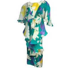 70s Silk Organza Gown w/ Magnificent Print and Flutter 6