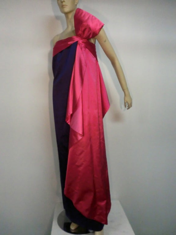 Black 70s Royal Purple and Fuchsia Silk Satin Strapless Gown w/ Bow