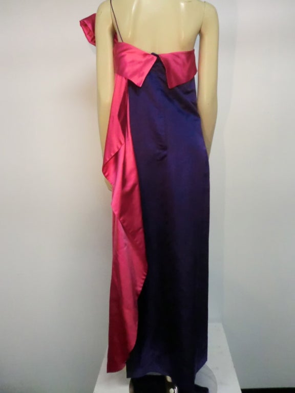 Women's 70s Royal Purple and Fuchsia Silk Satin Strapless Gown w/ Bow