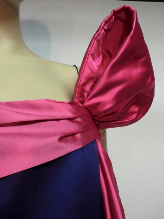 70s Royal Purple and Fuchsia Silk Satin Strapless Gown w/ Bow 1