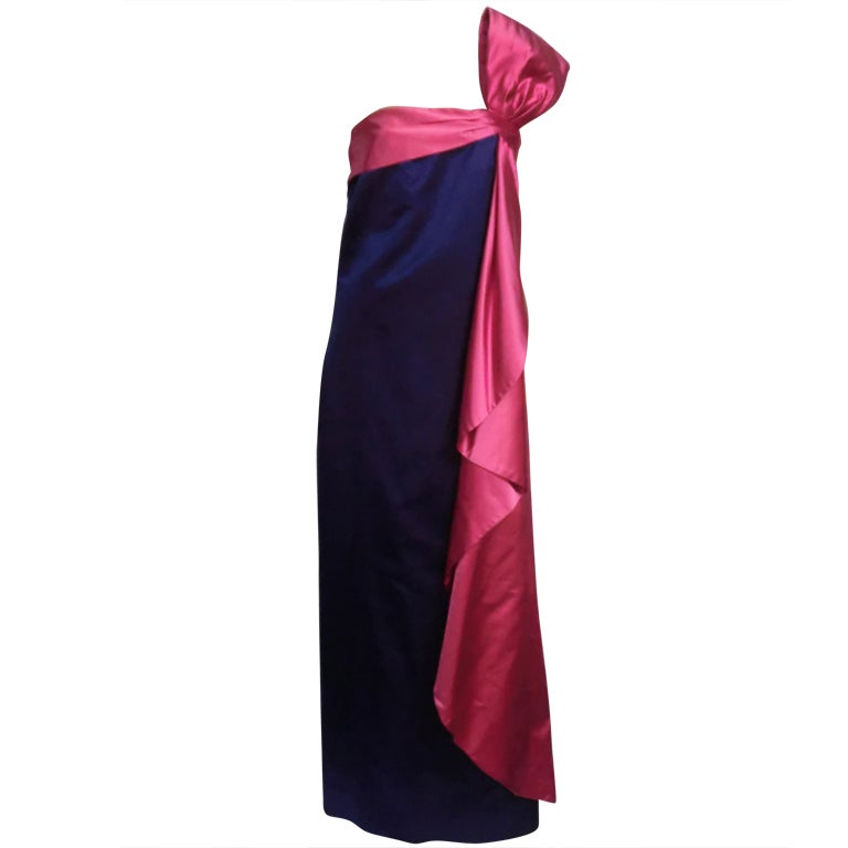 70s Royal Purple and Fuchsia Silk Satin Strapless Gown w/ Bow