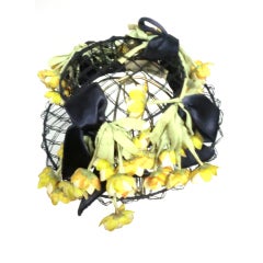 Vintage 40s Tilt Hat in Navy Wire and Netting w/ Yellow Ranunculus