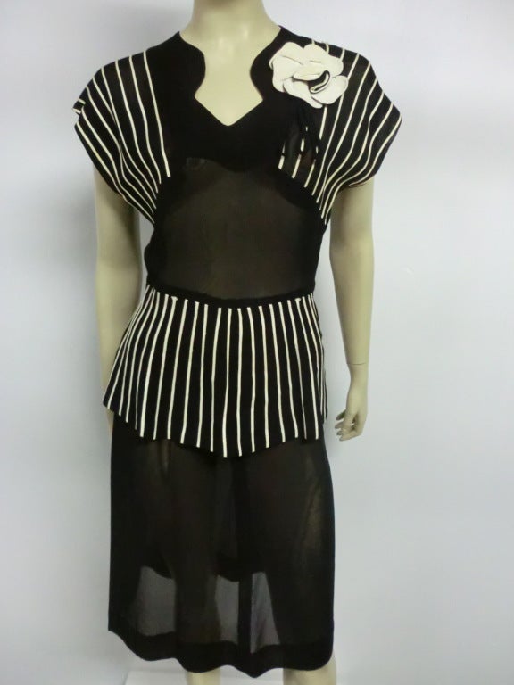 40s Mademoiselle Juliette Crepe Apron Front Dress w/ Stripes