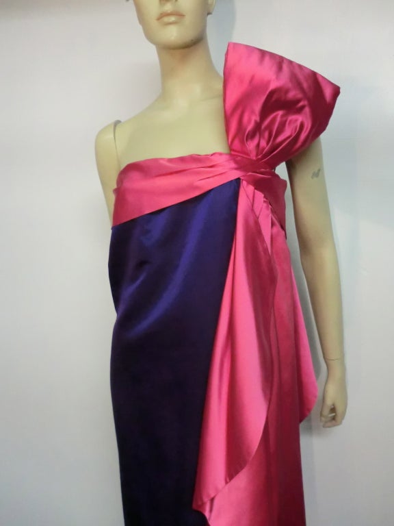 70s Royal Purple and Fuchsia Silk Satin Strapless Gown w/ Bow 3