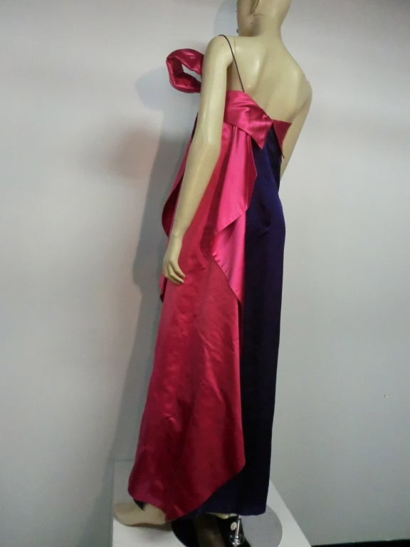 70s Royal Purple and Fuchsia Silk Satin Strapless Gown w/ Bow 4