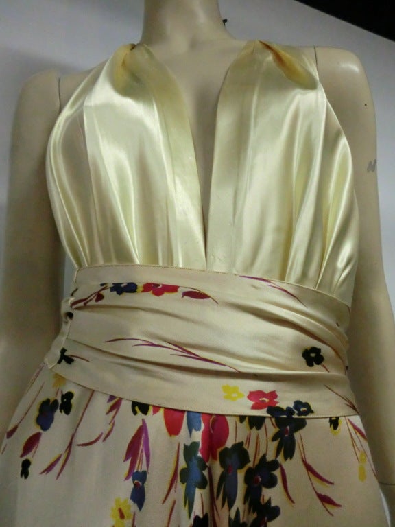 30s Silk Satin Bias Gown w/ Scattered Florals and Low Neck 1