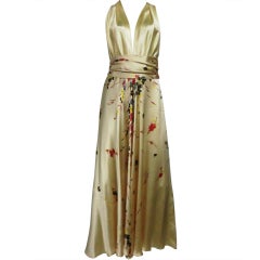 30s Silk Satin Bias Gown w/ Scattered Florals and Low Neck