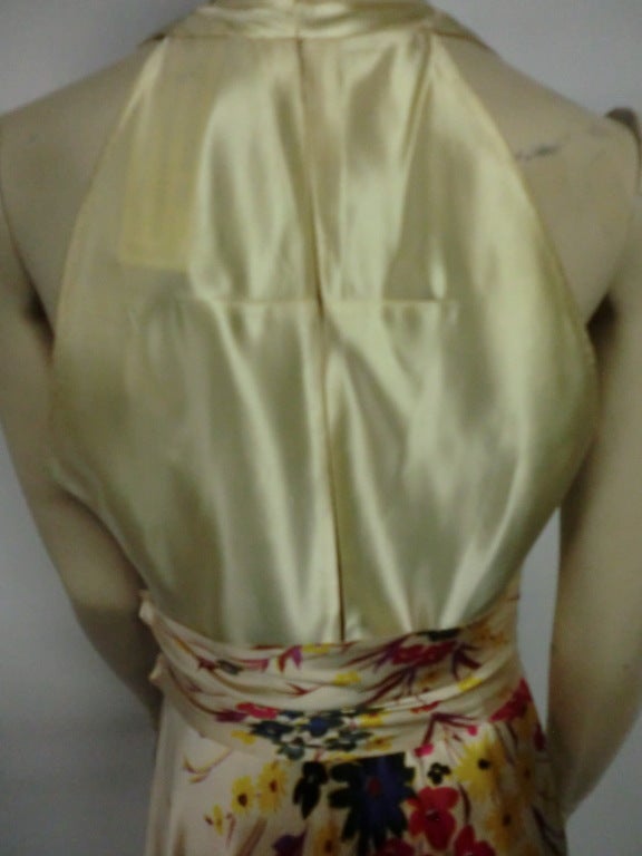30s Silk Satin Bias Gown w/ Scattered Florals and Low Neck 2