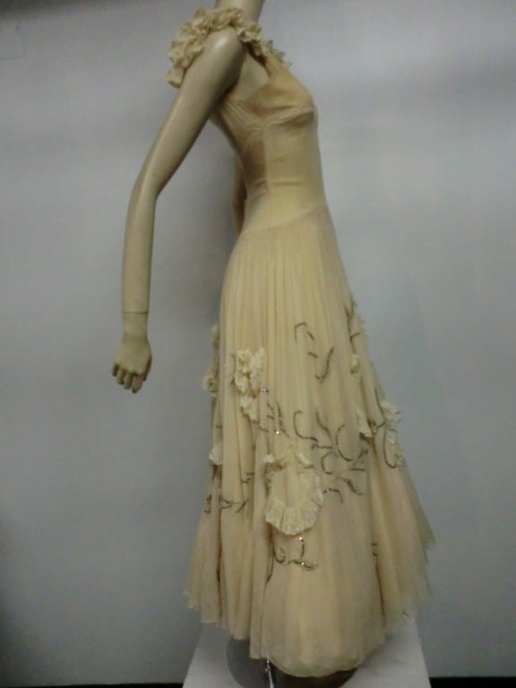 Brown 30s Katherine Kuhn Couture Beaded Silk Chiffon and Lace Gown