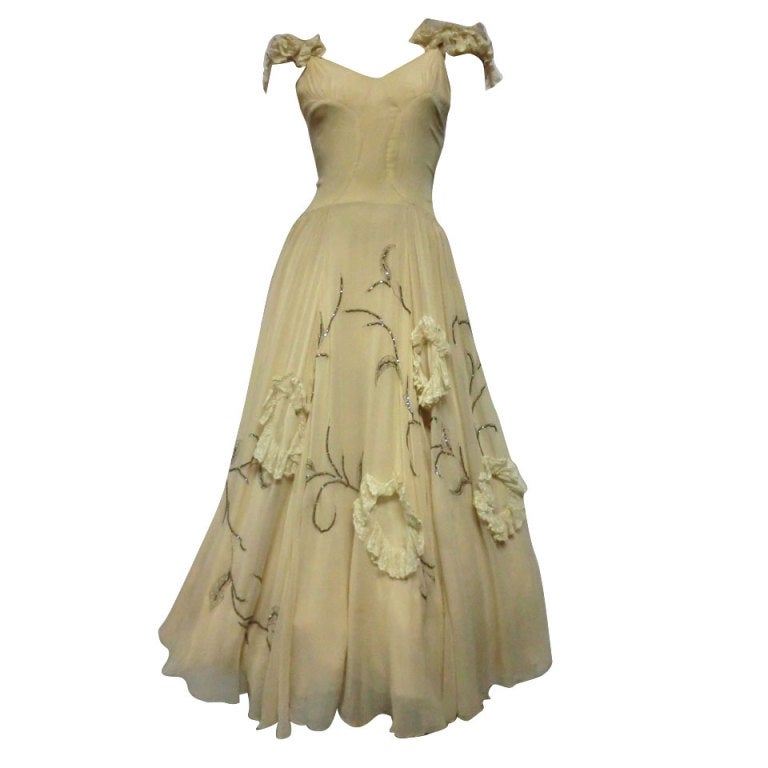 30s Katherine Kuhn Couture Beaded Silk Chiffon and Lace Gown