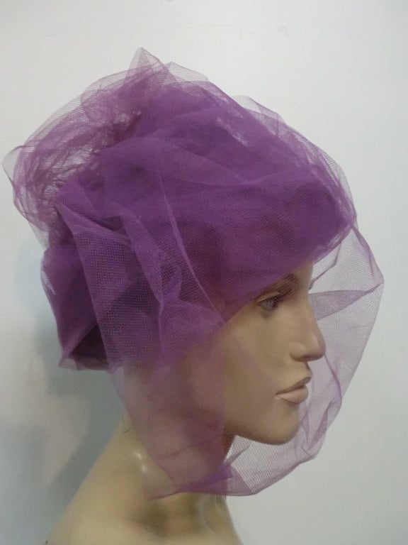 60s Tassell Lavender Tulle Beehive Hat w/ Optional Veil 2