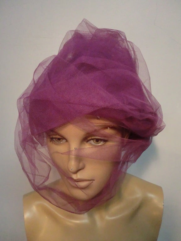 60s Gustav Tassell custom made silk lavender tulle beehive hat with veiling layer you can pull down or wear up on the hat.  Fabulous!