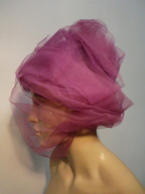 Brown 60s Tassell Lavender Tulle Beehive Hat w/ Optional Veil