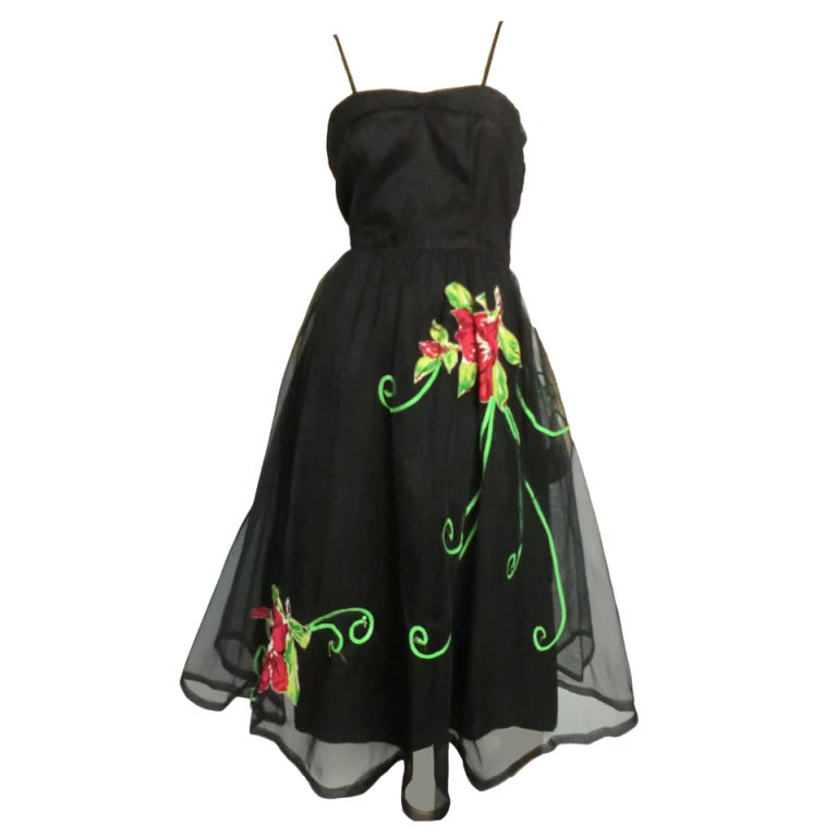 50s Emma Domb Floral Applique Party Dress