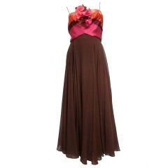 60s Helena Barbieri Silk Chiffon Gown with Bouquet Bodice 1