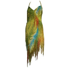 Vintage 70s Bob Mackie Bead Fringe Silk Dancing Dress w/ Low Racer Back