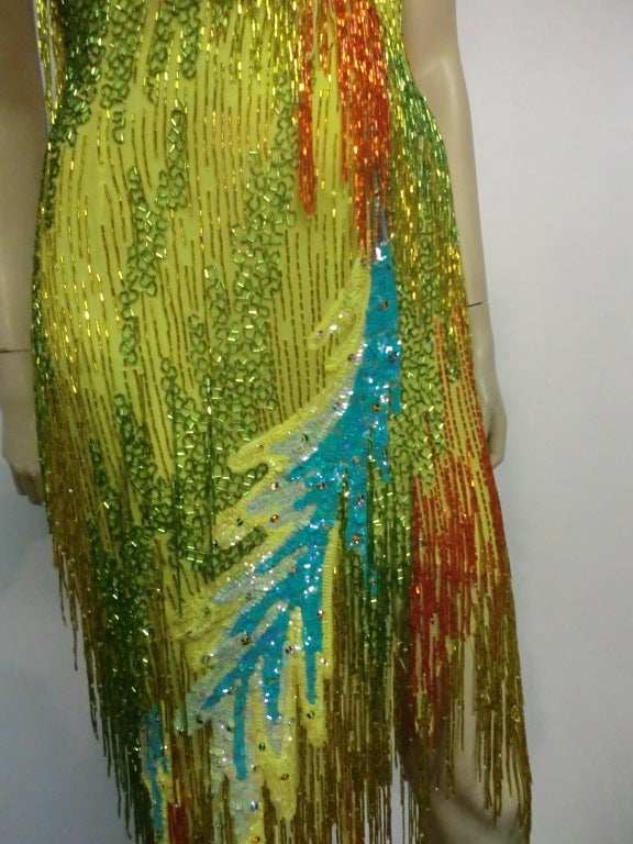 70s Bob Mackie Bead Fringe Silk Dancing Dress w/ Low Racer Back 1