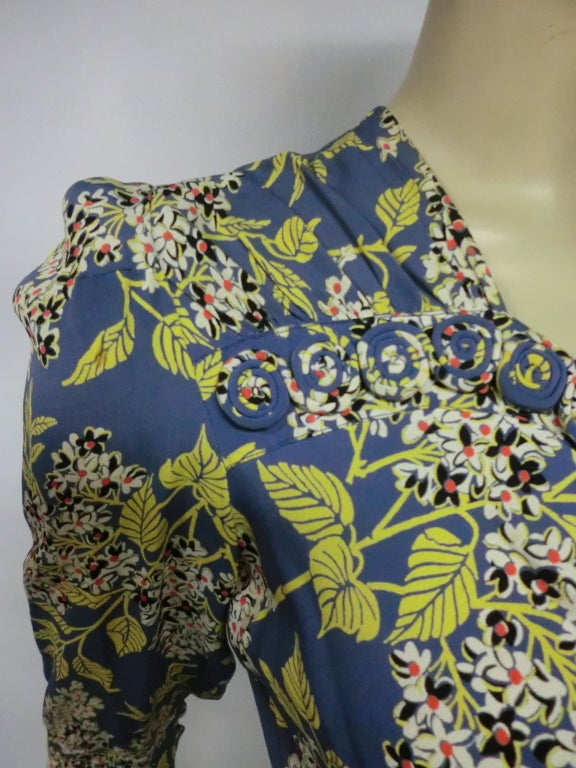 1940s Rayon Crepe Dress with Gorgeous Print and Corded Trim at 1stdibs