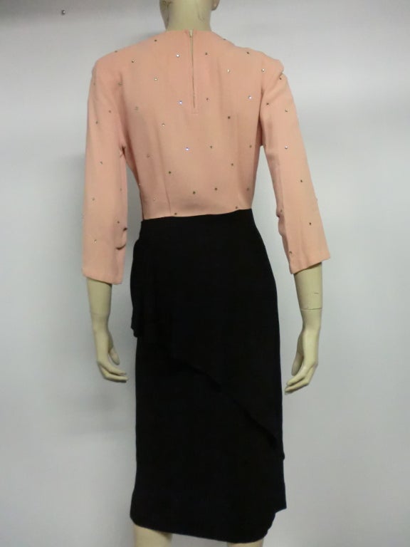 40s Black and Pink Rayon Crepe Peplum Dress w/ Rhinestones at 1stDibs