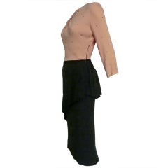 40s Black and Pink Rayon Crepe Peplum Dress w/ Rhinestones