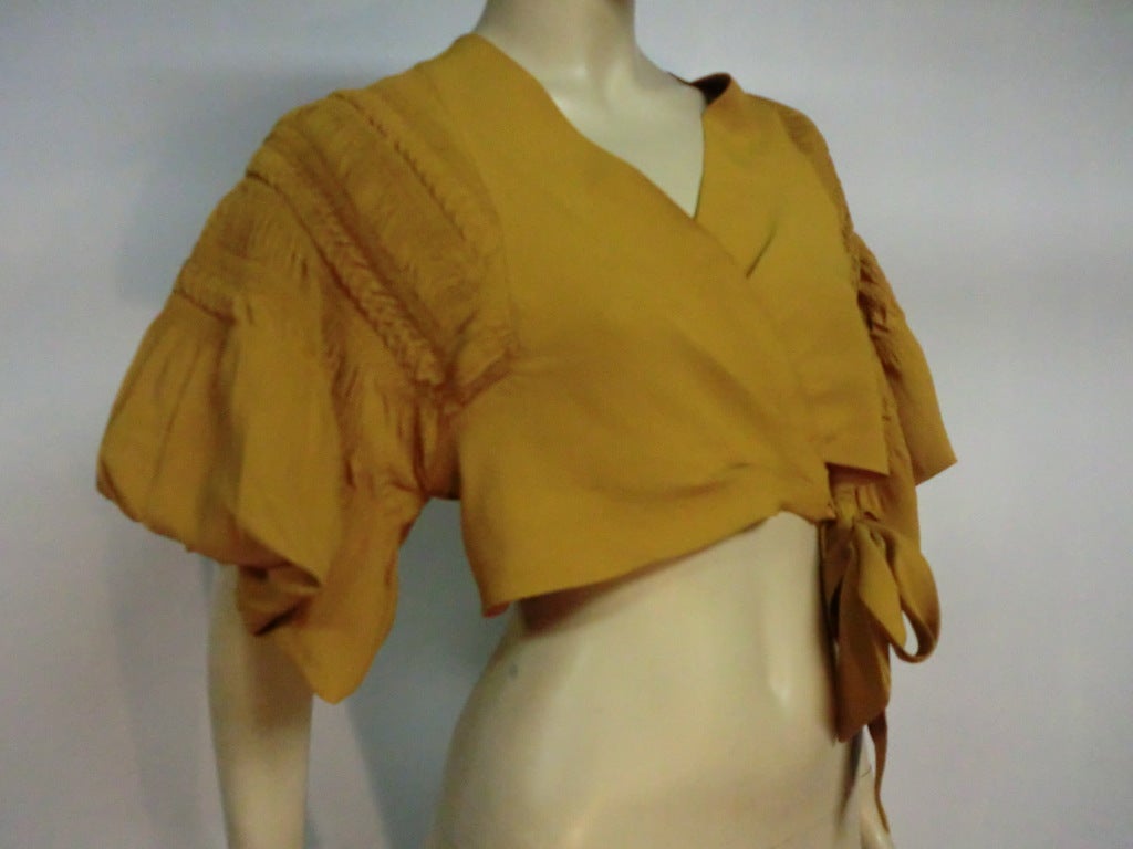 40s Mustard Rayon Bolero Jacket w/ Wrap Tie and Smocked Shoulder at