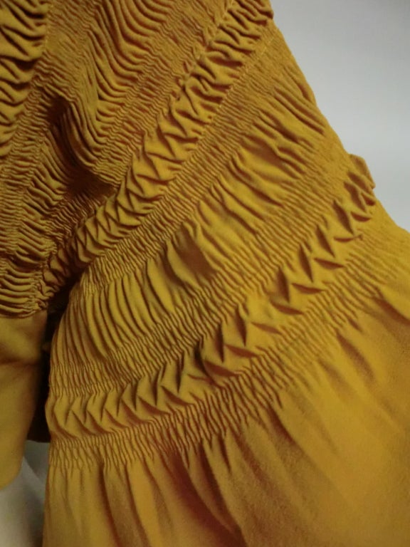 40s Mustard Rayon Bolero Jacket w/ Wrap Tie and Smocked Shoulder at