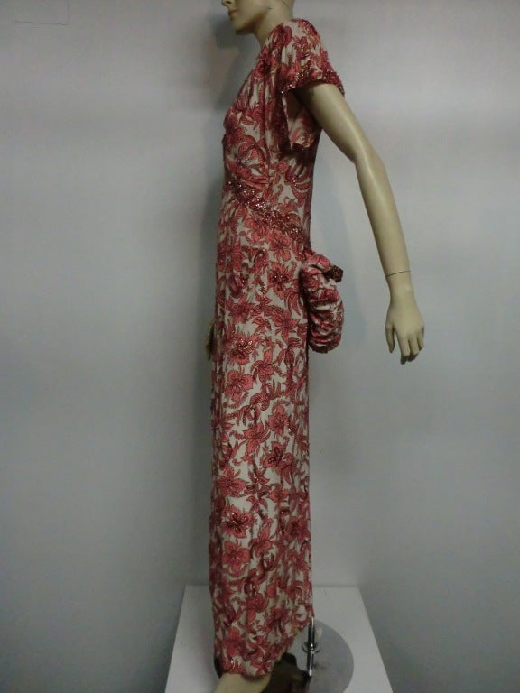 Brown 40s Rayon Crepe Floral Print Gown with Bustle Back and Sequins