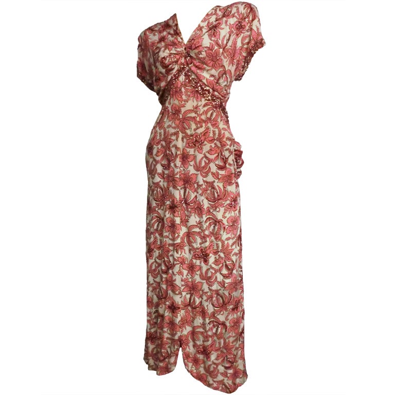 40s Rayon Crepe Floral Print Gown with Bustle Back and Sequins