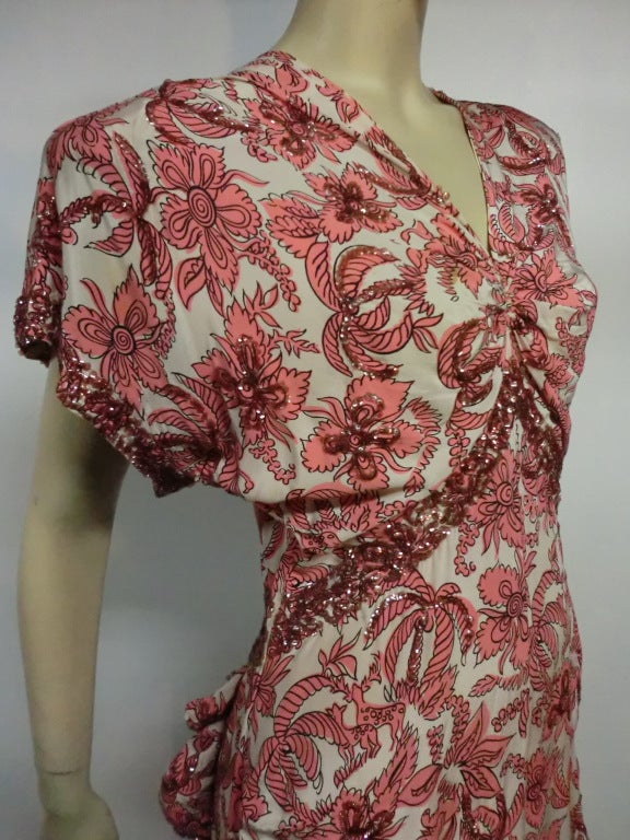 40s Rayon Crepe Floral Print Gown with Bustle Back and Sequins 2