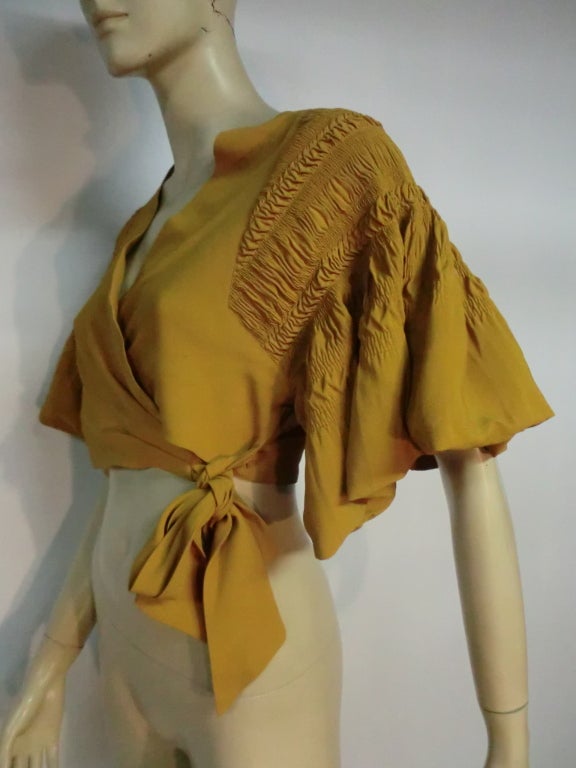 40s Mustard Rayon Bolero Jacket w/ Wrap Tie and Smocked Shoulder at