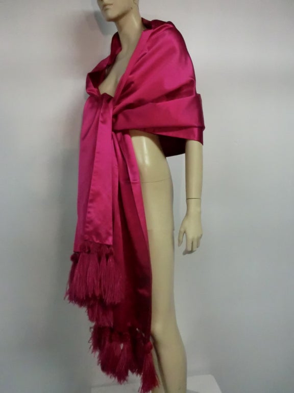 Women's Couture Fuchsia Silk Stole w/ Ostrich Feather Tassels