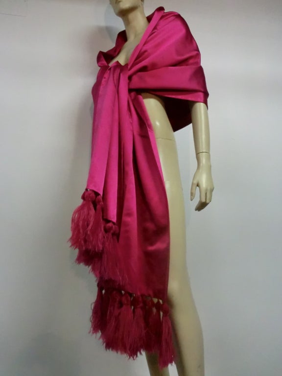 Couture Fuchsia Silk Stole w/ Ostrich Feather Tassels 3